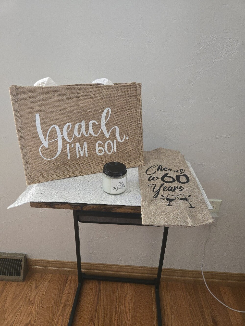 NWOT Jute Tote Bag "Beach I'm 60" with Cheers Wine Bag And Candle  - Natural